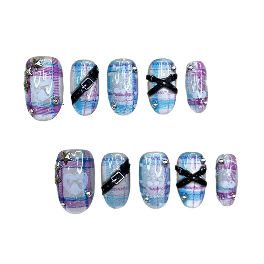 Baddie Y2K Press On Nails, Oval, Kurz, Neon Blau Rosa Kariert, Glänzend - Bild 3