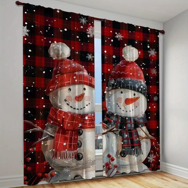 2er-Set Weihnachts Vorhänge mit Glocken, Weihnachtsbaum und Schneeflockenmuster in Rot, halbtransparent, B: 100 cm, H: 130 cm - Bild 1