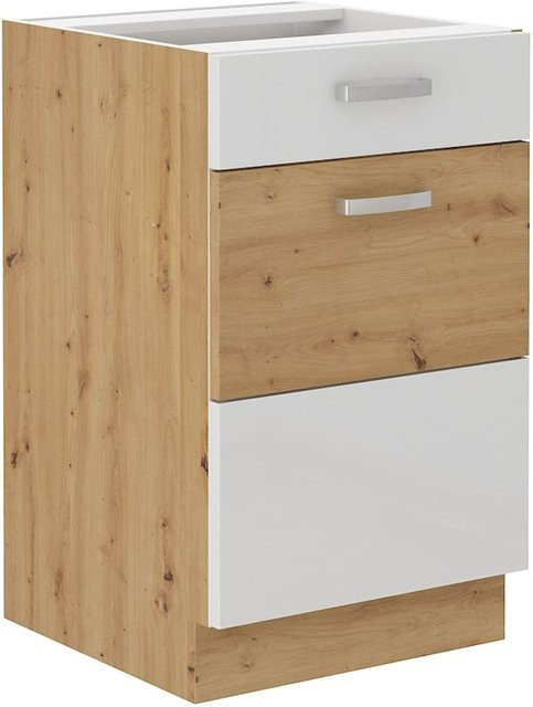 Küchenunterschrank 50 Eiche Artisan und Weiß Hochglanz mit Vollauszug und Soft-Close - Bild 1