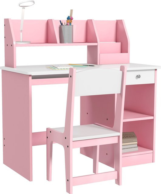 ZONEKIZ Kinderschreibtisch-Set mit ergonomischem Stuhl in Rosa, Schreibtisch mit 2 Schubladen und Regalen für Kinder, B/T/H: 90 x 45 x 90 cm - Bild 1