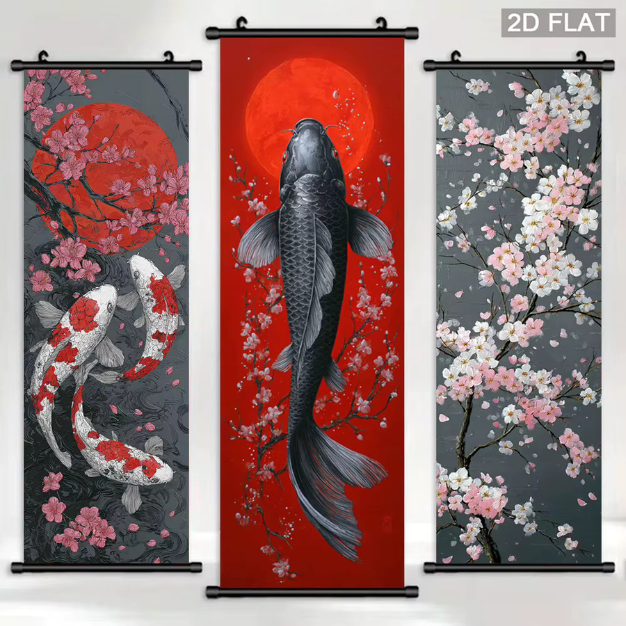 VIKAMA Wandteppich mit Koi-Fischen und Kirschblüten in Rot und Multicolour, Orientale Wandkunst für dein Zuhause, B/H: 40 x 40 cm - Bild 2
