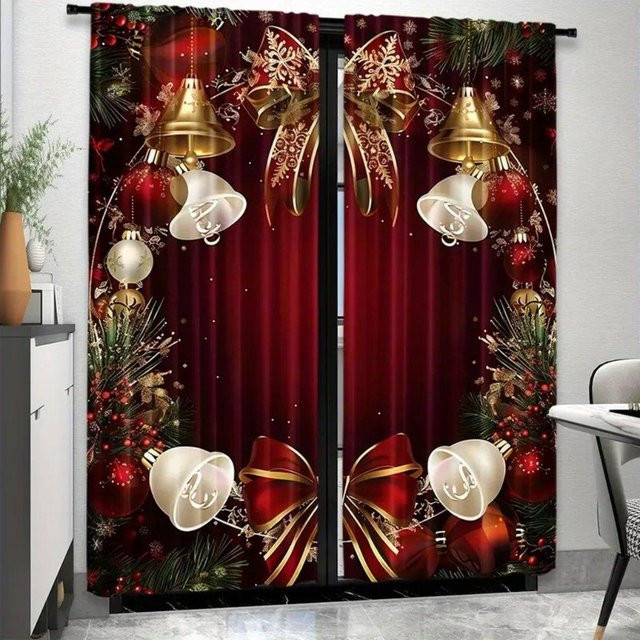 2er Set Halbtransparente Weihnachtsbäumchen-Vorhänge aus Polyester in Modernem Stil mit Ösen, Breite: 50 cm, Höhe: 160 cm - Bild 1