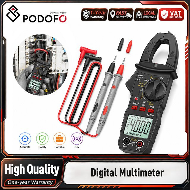 Podofo Digitales Zangenmultimeter in Schwarz mit Auto-Range-Funktion, NCV-Stromfrequenzdetektor und Hintergrundbeleuchtung - Bild 1