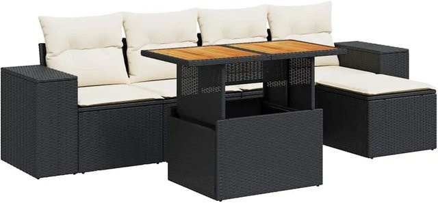 vidaXL 6-teilige Garten-Sofagarnitur aus Poly-Rattan und Akazienholz in Schwarz-Creme mit Kissen - Bild 1