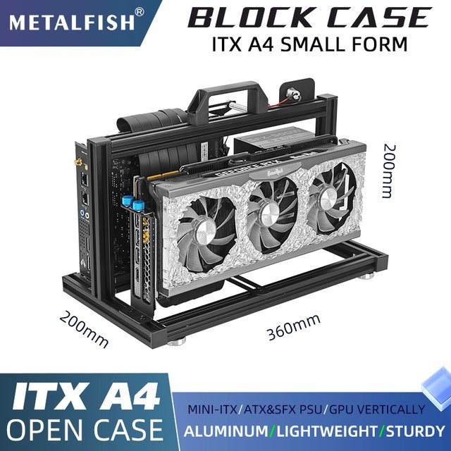 METALFISH ITX A4 Aluminium-Gehäuse in Schwarz mit offenem Rahmen, vertikaler GPU-Halterung und 240mm Kühler, Mini-ITX kompatibel für deinen DIY Gaming PC - Bild 1