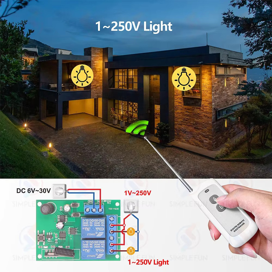SLMPLEFUN Drahtloser Fernbedienungsschalter 433 MHz mit 500 Meter Reichweite, 2CH RF-Empfänger für Lampe, Motor oder Garagentor, Farbe: Weiß - Bild 3