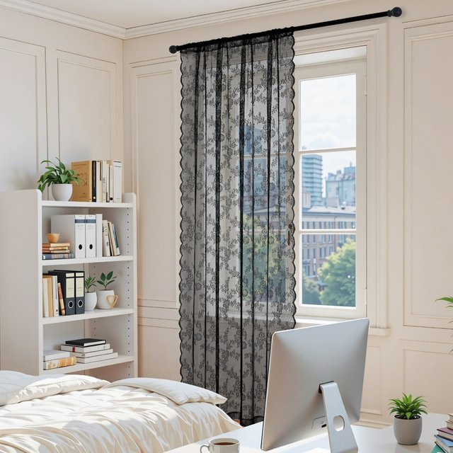 Transparente bestickte Vorhänge mit grünem Retro-Blumenmuster für Wohnzimmer, Küche und Badezimmer, Breite: 150 cm - Bild 1