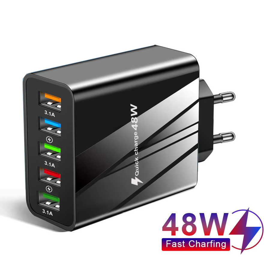 Wocoolsi 48 W USB Schnellladegerät mit QC 3.0 und 5 Ports, Wandladegerät Adapter in Schwarz für iPhone, Samsung und Xiaomi, EU und US Stecker - Bild 6