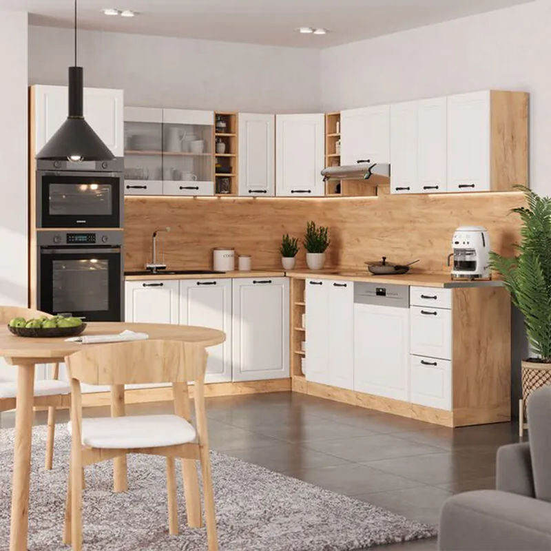 Vicco Eckküche R-line Landhausstil in Weiß und Goldkraft Eiche mit Marmor-Optik, B/T/H: 237 x 247 x 82 cm - Bild 1