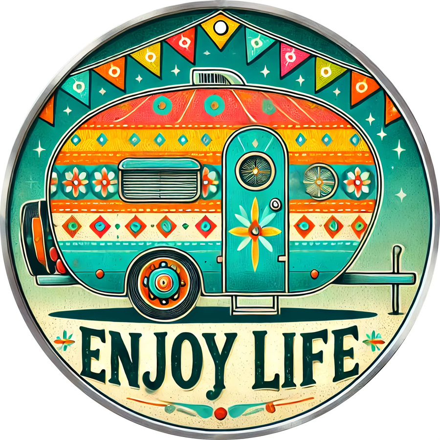 Potdemiel Retro Vintage Camper Van Aluminium Wandkunstschild Genießen Sie das Leben in Mehrfarbig mit geometrischen Mustern B/H: 20 x 20 cm - Bild 3