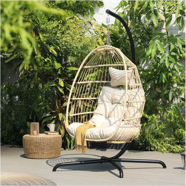 HOME DELUXE Hängesessel LOMA Egg in Beige mit Standfuß und Kissen - Bild 1