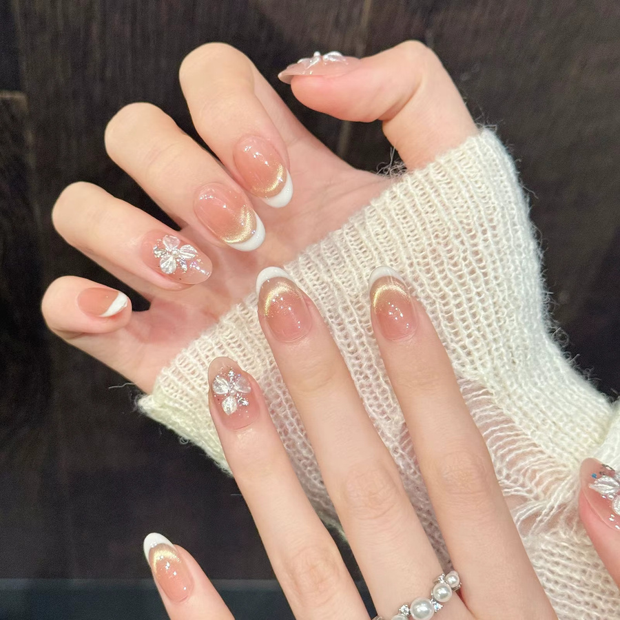 YADORNOS Künstliche Nagelspitzen, Kurz Oval, Gold-Katzenauge-Strass-Blumen-Dekor, Glänzend, Damen, 10 Stück - Bild 2