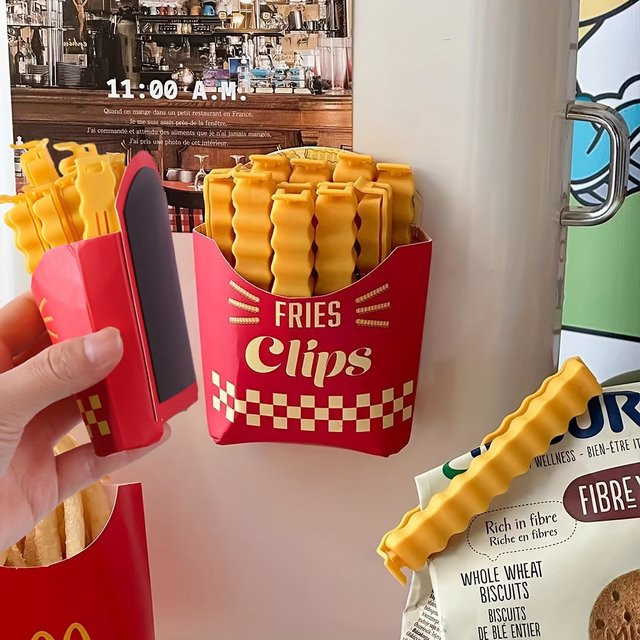 12 Stück Verschlussklammern in Pommes-Form aus Kunststoff zum Verschließen von Snack- und Lebensmittelverpackungen - Bild 1