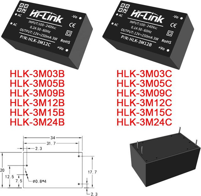 Your Cee AC-DC-Leistungsmodul HLK-3M03B 3M05B 3M09B 3M12C 3M15C 3M24C in Schwarz, 3 W, 220 V Eingangsspannung, geregelt - Bild 1