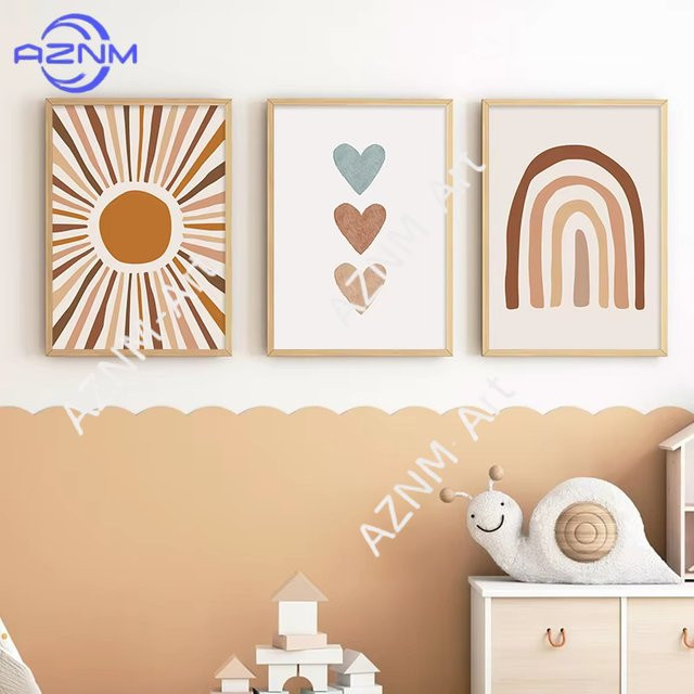 AZNM Wandkunst Leinwanddruck Abstrakte Sonne und Regenbogen im Boho-Stil für das Kinderzimmer, Mehrfarbig - Bild 1