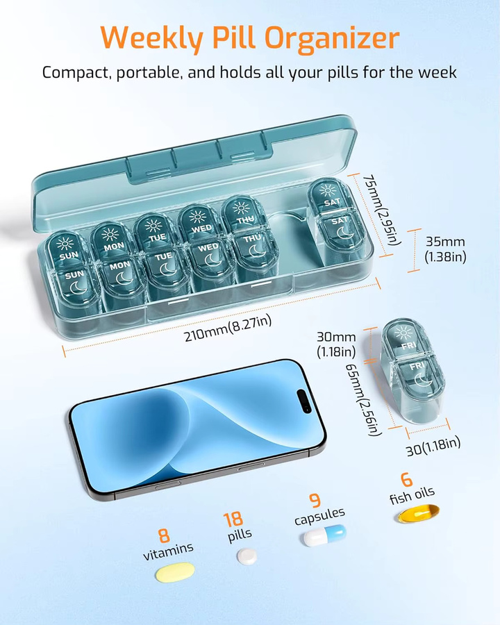 Daviky Wöchentlicher Pillenorganizer für 7 Tage in Multicolour, Großer Medikamentenbehälter für Vitamine und Fischöl, B/T/H: 35,0 x 21,0 cm - Bild 2