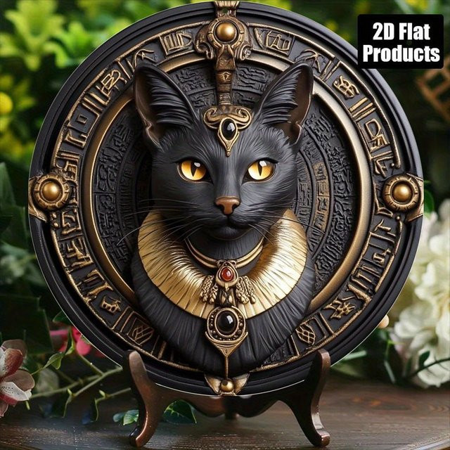 Potdemiel Retro-Wandkunstschild aus Aluminium mit Katzenmotiv in Schwarz und Gold, rund, Durchmesser: 20,32 cm - Bild 1