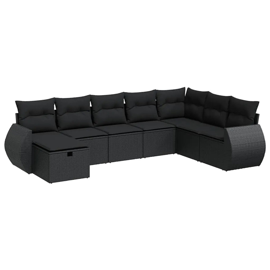 vidaXL 8-teilige Garten-Sofagarnitur in L-Form mit Kissen und Ottoman, Schwarz, Poly-Rattan und Metallrahmen - Bild 2