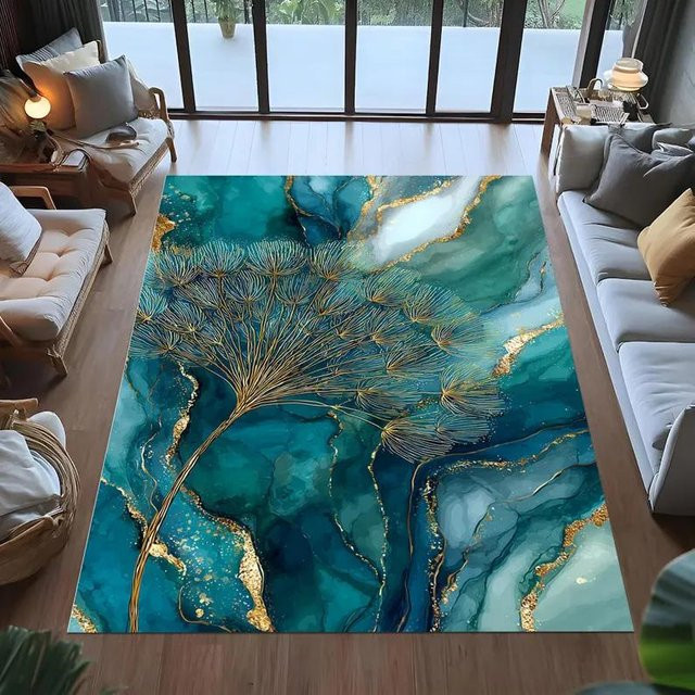 Moderner Teppich Lodestar mit Marmor Muster in Türkis und Gold, B/T: 120 x 160 cm - Bild 1