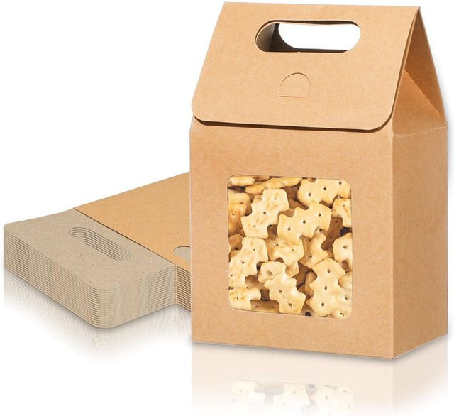 6 oder 12 Stück Kraftpapier-Geschenkboxen mit Fenster und Griffen in Braun zum Falten für Partys und Festbedarf - Bild 1