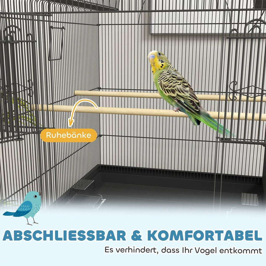 PawHut Vogelkäfig für Wellensittiche und Kanarienvögel mit Rollen, Ablagefläche und Futterstation, Schwarz, B/T/H: 53 x 63 x 144 cm - Bild 3