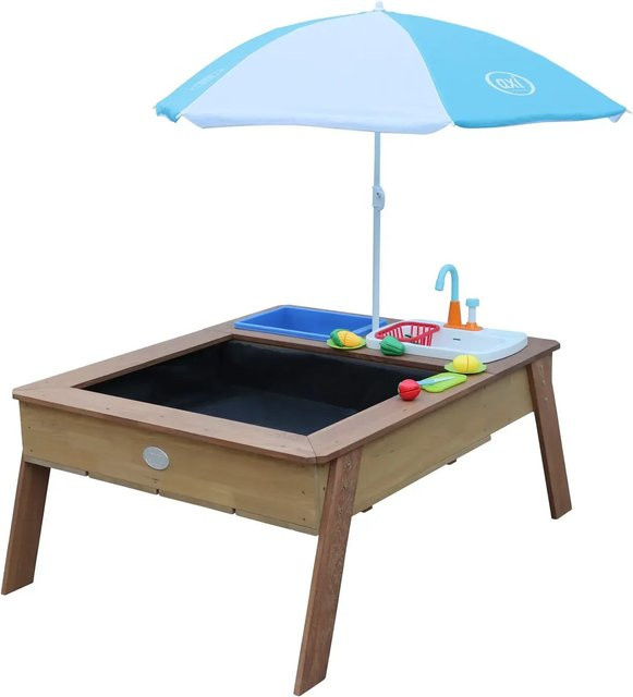 AXI Sand- und Wassertisch Linda in Braun mit blau-weißem Sonnenschirm und Spielküche, B/H/L: 94 x 125 x 50 cm - Bild 1