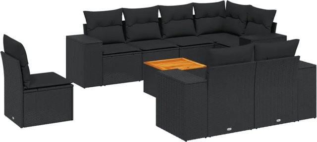 vidaXL 9-teilige Garten-Sofagarnitur aus Poly-Rattan und Akazienholz in Schwarz mit Kissen - Bild 1