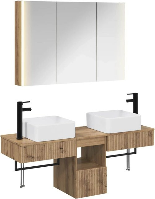 vidaXL Badezimmerschrank-Set 4-teilig in Artisan-Eiche, modern, braun matt, mit LED-Beleuchtung und Spiegelschrank, B/T/H: 103,5 x 15,5 x 70 cm - Bild 1