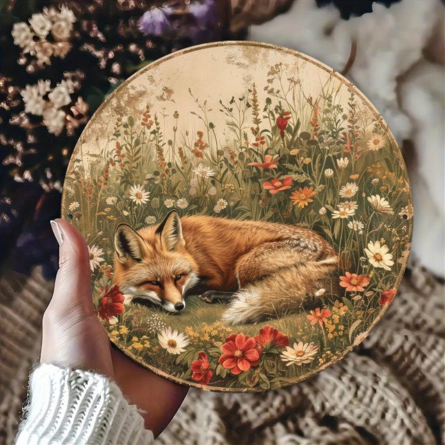 Potdemiel Rundes Metallschild mit Vintage Fuchs und floralem Wiesen-Design, Durchmesser: 20,3 cm, Mehrfarbig - Bild 1