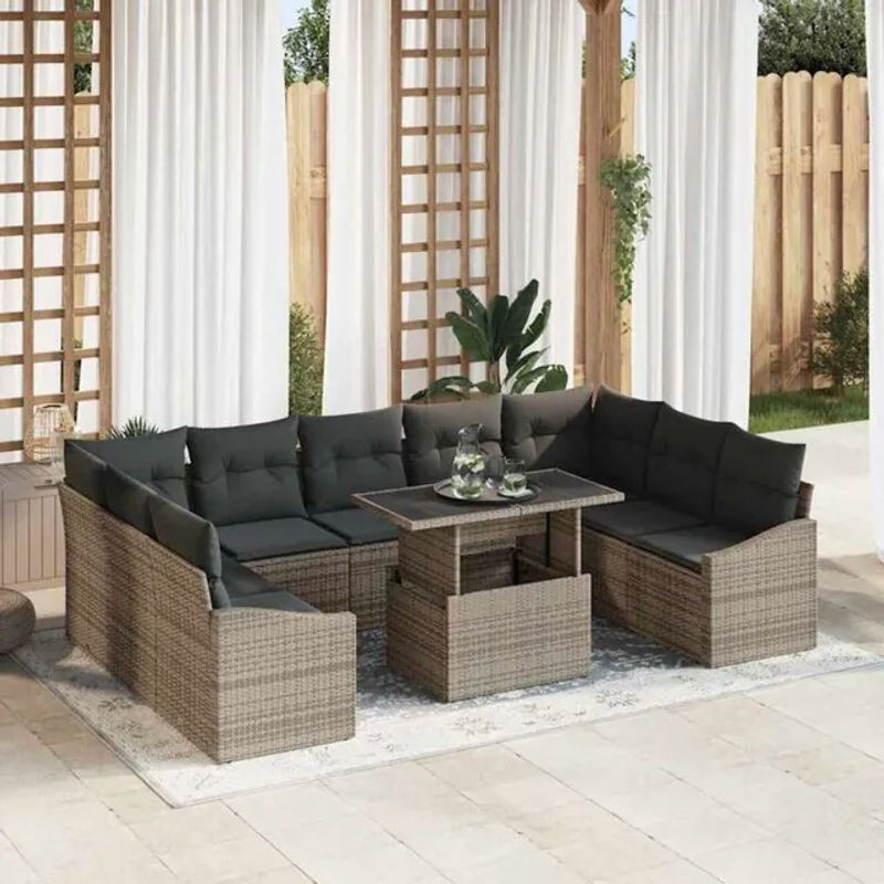 Vidaxl Garten-Sofa-Set aus Polyrattan mit 10 Kissen in Grau, Loungemöbel B/T/H: 100 x 55 x 73 cm - Bild 1