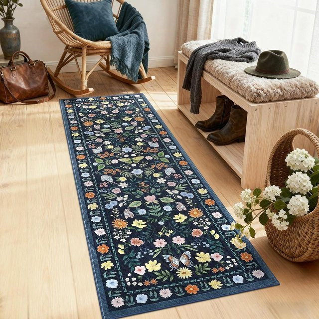 Lodestar Teppich Läufer mit Blumen- und Schmetterlingsmuster in Blau, rutschfest und waschbar, B/T: 40 x 120 cm - Bild 1