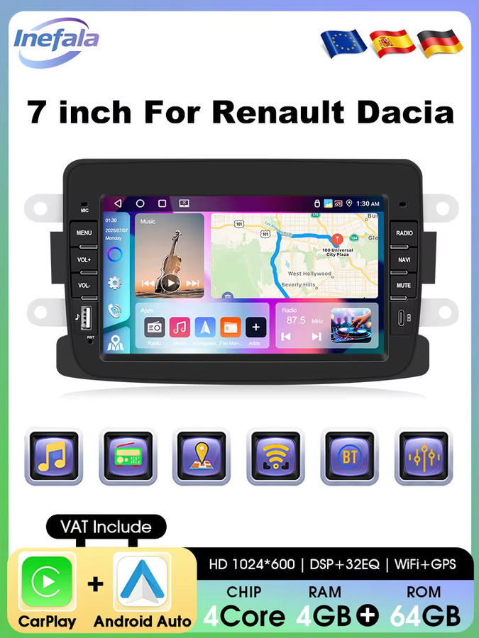 Podofo 2 Din Android Autoradio 7 Zoll für Renault Dacia Sandero Duster mit 4G+64G, GPS-Navigation, WLAN, kabellosem CarPlay, Android Auto und Bluetooth in Schwarz - Bild 6