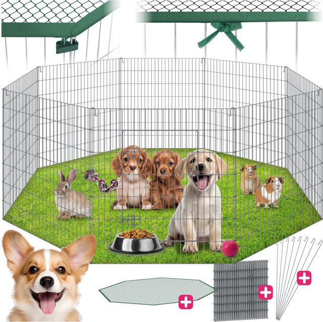 tectake Freilaufgehege Fluffy aus 8 Gitterelementen inklusive Sicherheitsnetz, Silber, B/T/H: 204 x 204 x 93 cm - Bild 1
