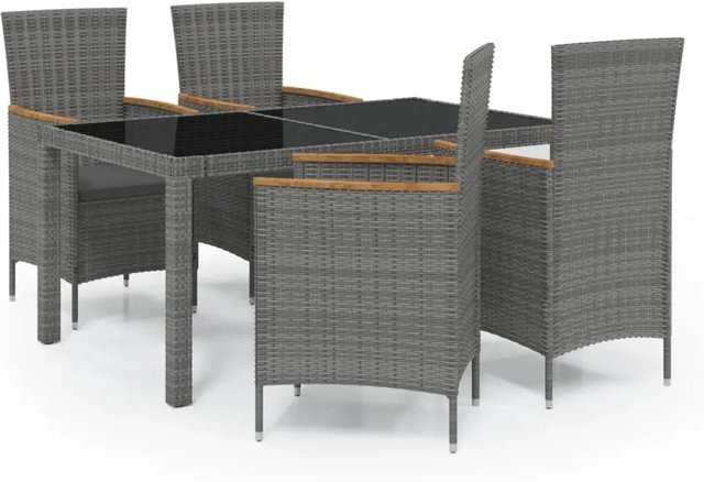 vidaXL 5-tlg Garten-Essgruppe aus Poly Rattan mit Kissen und Acacia-Holz in Grau - Bild 1