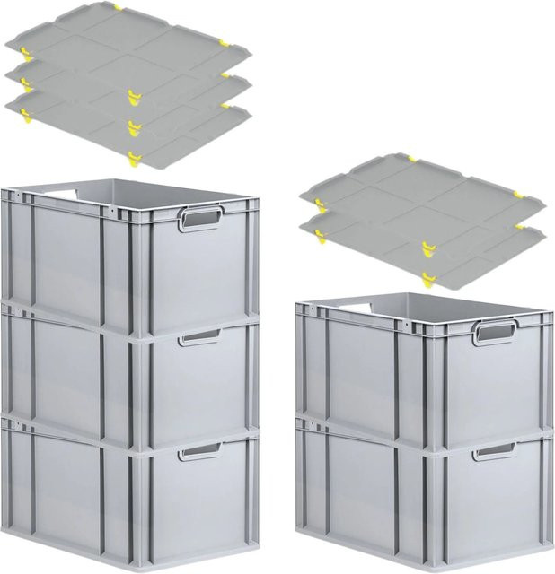 PROREGAL SparSet 5x Eurobox NextGen Grip mit Auflagedeckel in Grau, 65 Liter, H x B x T: 32 x 40 x 60 cm, mit verstärkten Wänden und 4 gelben Schiebeschnappverschlüssen - Bild 1