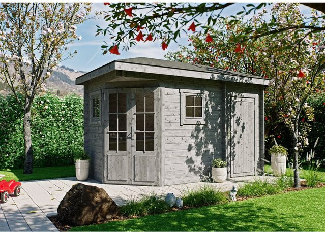 Fjordholz Gartenhaus Evelyn 1D als 5-Eck aus imprägniertem Holz in Grau mit Fenster und Schloss - Bild 1