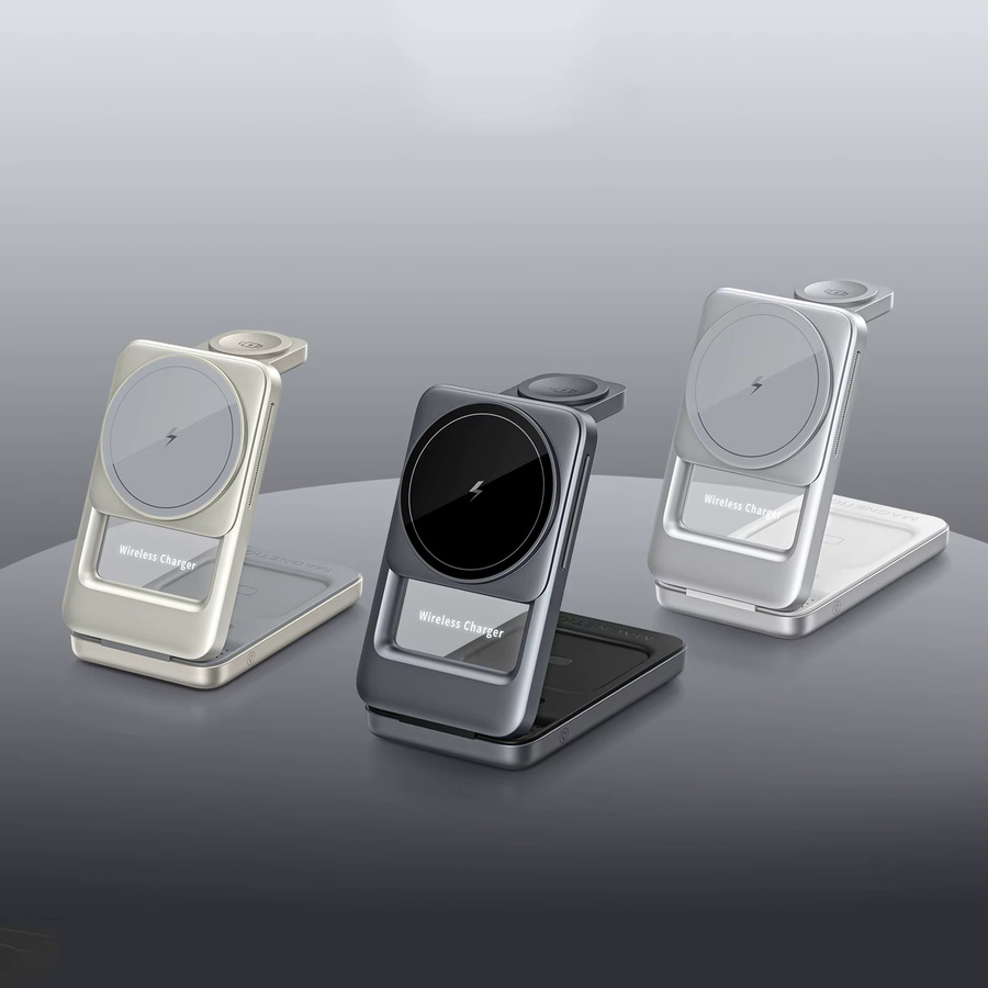 XIKCU 3-in-1 Magnetische Kabellose Ladestation für iPhone 12 bis 17, Apple Watch und AirPods Pro, Faltbarer Desktop-Ständer, Farbe: Silber - Bild 6