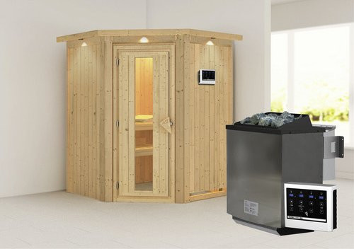 Karibu Sauna Tartu aus Fichtenholz in Beige mit 9 kW Bio-Kombi-Saunaofen und externer Steuerung für 3 Personen, B: 202 cm, T: 165 cm, H: 165 cm - Bild 1