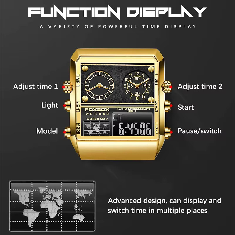 FOXBOX Armbanduhr Edelstahl, Gold, Eckig, Quarz, Herren - Bild 3