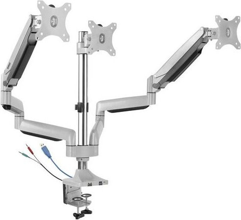SpeaKa Professional SP-MM-940 3fach Monitorhalterung Silber mit Gasdruck-Technik und integrierten USB- sowie Audio-Anschlüssen für 33,0 cm bis 81,3 cm Monitore, schwenkbar und neigbar - Bild 1