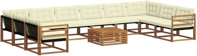 vidaXL Outdoor-Sofagarnitur 11-tlg. in U-Form aus Akazienholz mit Textilene und Kissen, Natur und Creme - Bild 1