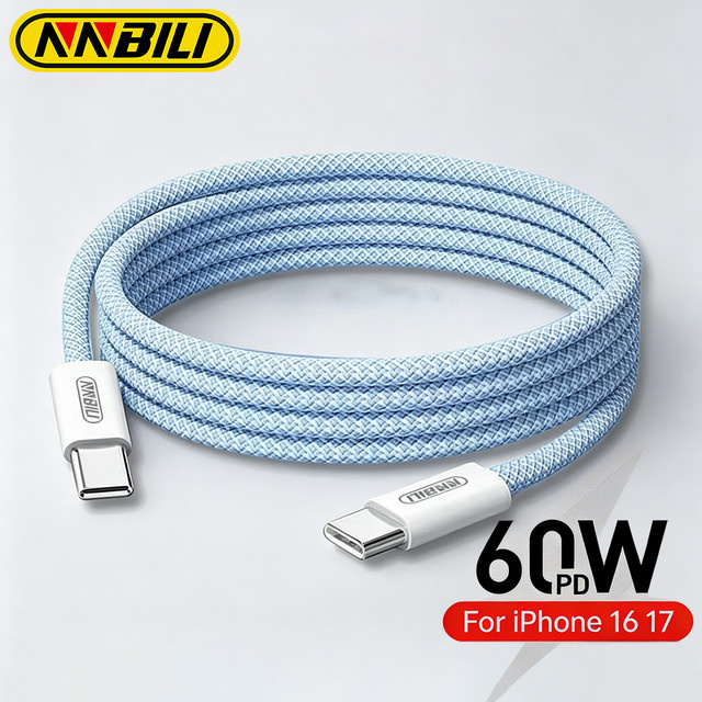 NNBILI USB-C zu USB-C Datenkabel mit 60 W Schnellladefunktion, gewebtes Ladekabel für Samsung, Xiaomi und Huawei in Pink oder Blau - Bild 1