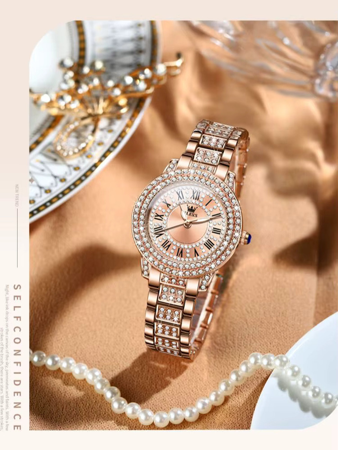 OLEVS Armbanduhr, Quarz, Edelstahl, Diamantbesetzt, Roségold, Damen - Bild 3
