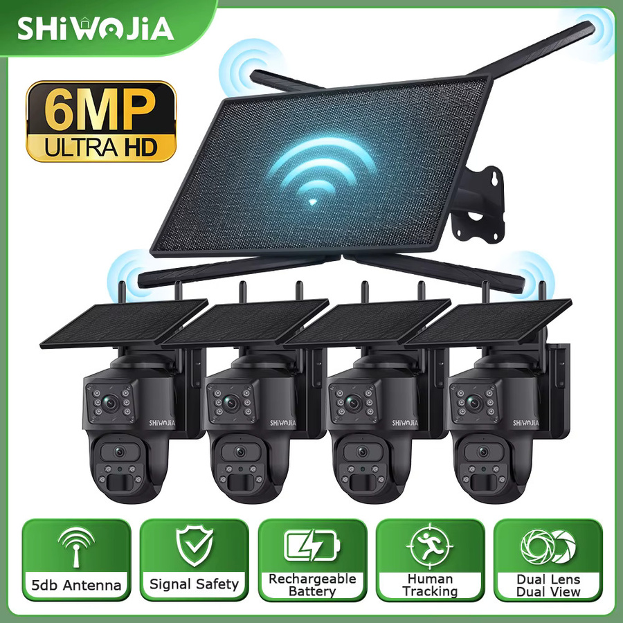 SHIWOJIA Solar Sicherheitssystem Kit mit 4 Kameras, 6MP WiFi und 4G Solar Router, Schwarz, mit 2-Wege-Gespräch und Nachtsicht - Bild 2