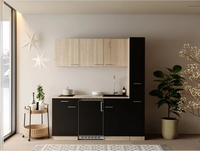 Respekta Ingrid Singleküche Schwarz mit Apothekenschrank, moderne Küchenzeile in Holzoptik, B/T/H: 180 x 60 x 200 cm - Bild 1