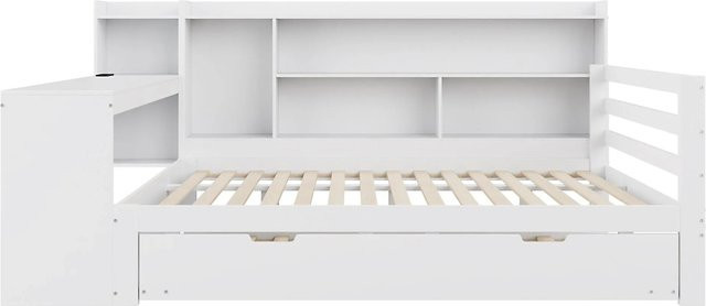 KOMHTOM Schlafsofa aus Kiefernholz mit Schreibtisch, Bücherregal und USB-Ladeport, Weiß, B/T/H: 200 x 140 x 83 cm - Bild 1