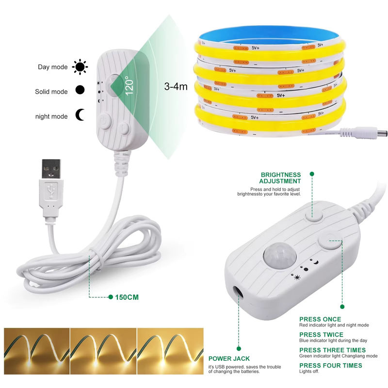 XUNATA COB-LED-Streifen mit Bewegungsmelder, USB- und batteriebetrieben, 5 V, Blau, 2,4 m Länge, flexibles Klebeband für Küchenschrank, TV-Hintergrundbeleuchtung und Spiegel - Bild 6