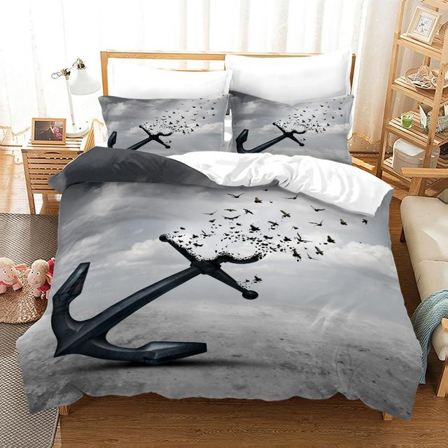 Bettwäsche-Set Lodestar mit Anker-Motiv in Blau und Grau, Mikrofaser, B/H: 180 x 210 cm - Bild 1