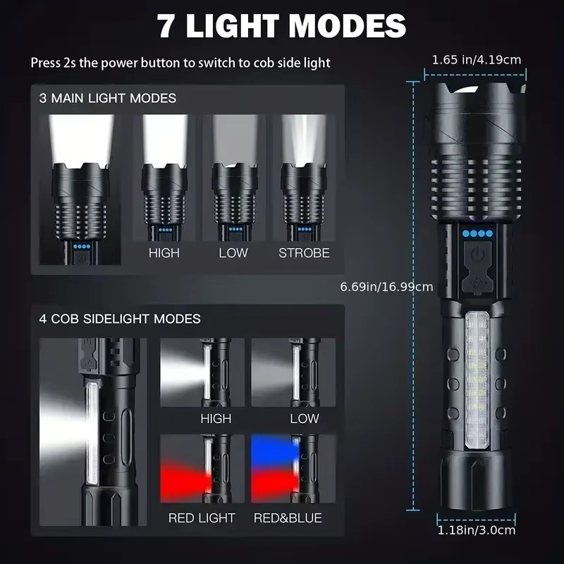 KDULIT LED-Taschenlampe in Schwarz, wiederaufladbar und wasserdicht mit Seitenlicht und Zoomfunktion - Bild 4