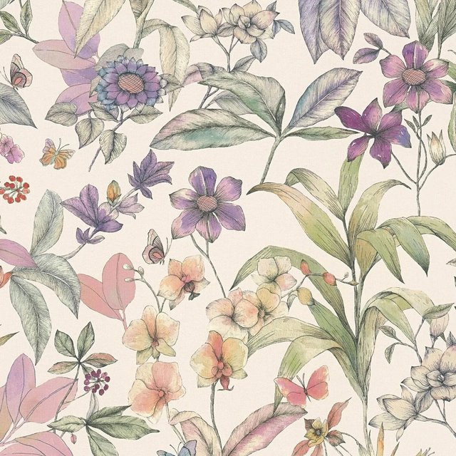 PROFHOME 791872-GU Blumen Tapete Floral Matt in Weiß, Lila, Oliv-Grün und Schwarz, Vlies-Tapete, Breite: 0,53 m, Länge: 10,05 m - Bild 1